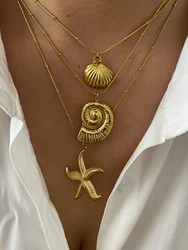 Peri'sbox Minimalist Starfish Stripe Conch Scallop Shaped Pendant Necklace for Women Waterproof Trend Jewelry Summer Beach Party