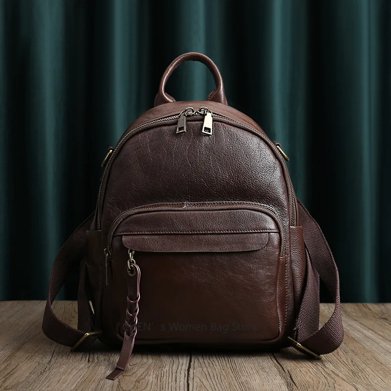 

Genuine Leather Vintage Double Shoulder Bag Women's Top Layer Cowhide Backpack Solid Color Student Bookbag