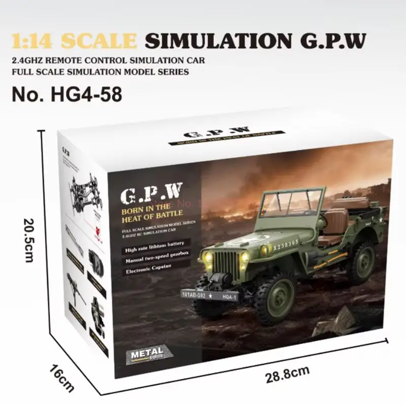 HG4-58 Willys 1/14 RC 전기 원격 제어 모델 자동차 미니 시뮬레이션 군사 트럭 Aldult Kids Toys