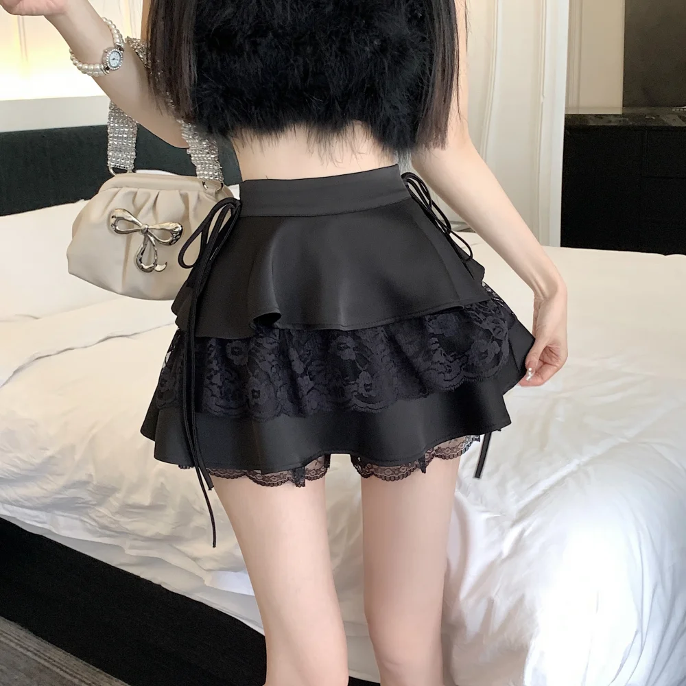 Ruffles Lace Mini Skirts Women Multilayer Cute Lolita Style Bandage High Waist Cake Skirt for Sweet Girls Kawaii Clothes