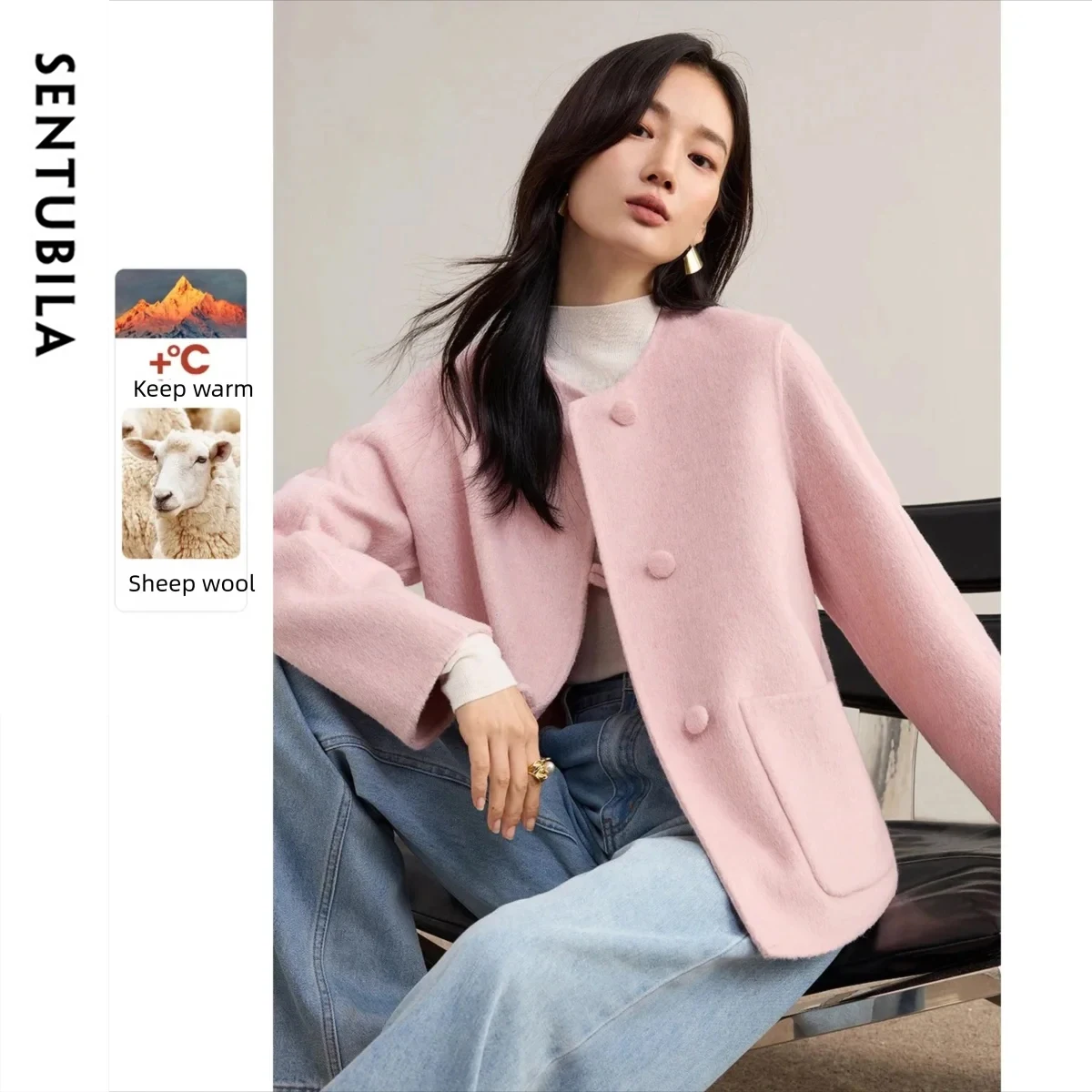 SENTUBILA Women's Double Faced Wool Blend Jacket 2026 Winter O-Neck Button Details Thermal Warmth Multi-Color Coat W54OG8758