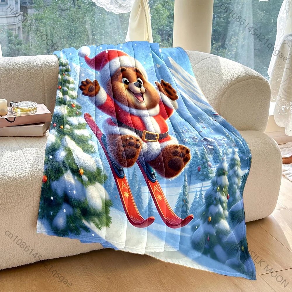 Festive Bear Skiing in Snow Pattern Blanket Flannel Material Soft Warm for All Seasons, Home Outdoor Camping Picnics RV