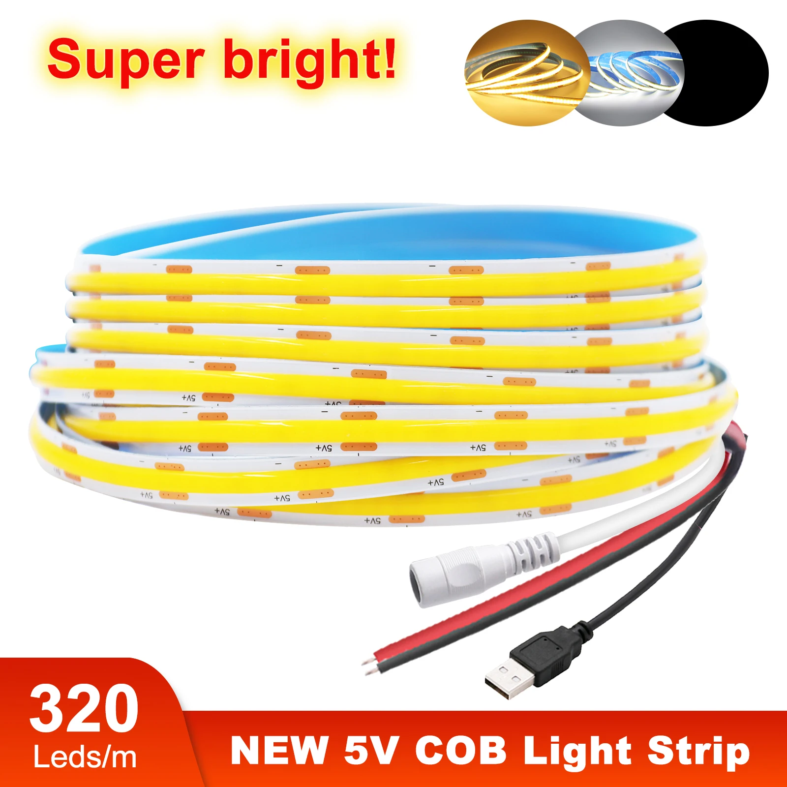 320LEDs/m COB LED Strip 5V USB Powered Flexible LED Tape COB Light Strip For TV Computer PC Backlight Kitchen Cabinet Lamp