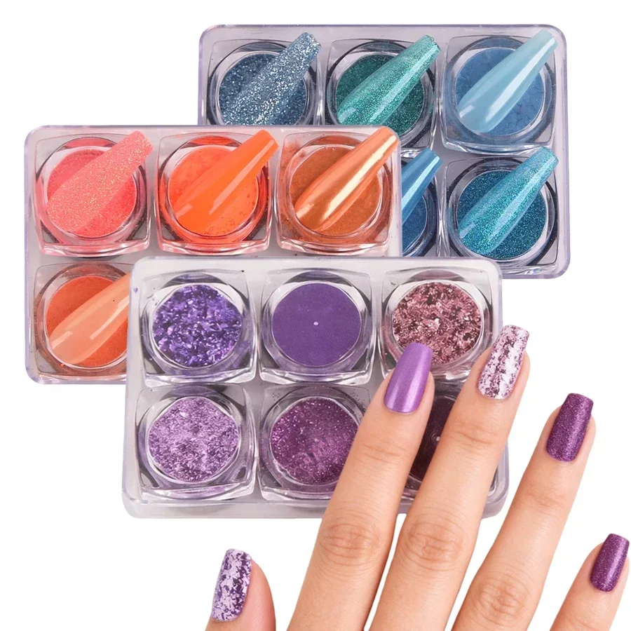 6Pcs Holographic Nail Art Glitter Powder Sparkly Laser Chrome Fine Dust Acrylic Nail Supplies for Professionals Bulk Pack