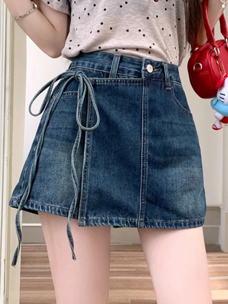 2024New Solid Color Strap Denim Short Skirt Women\'s Clothing Casual Versatile Summer Hip Skirts A-line Lining Asymmetric Fashion