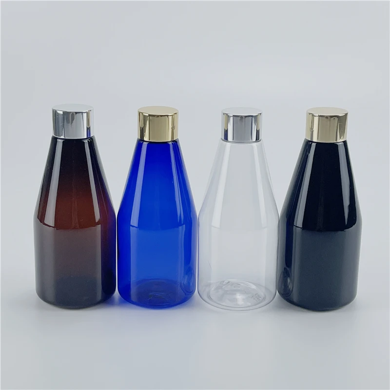 Clear Brown Black Blue 200ML X 25 Empty Plastic Conical Bottle With Gold Silver Screw Cap Skin Care Toner Cosmetic PET Container