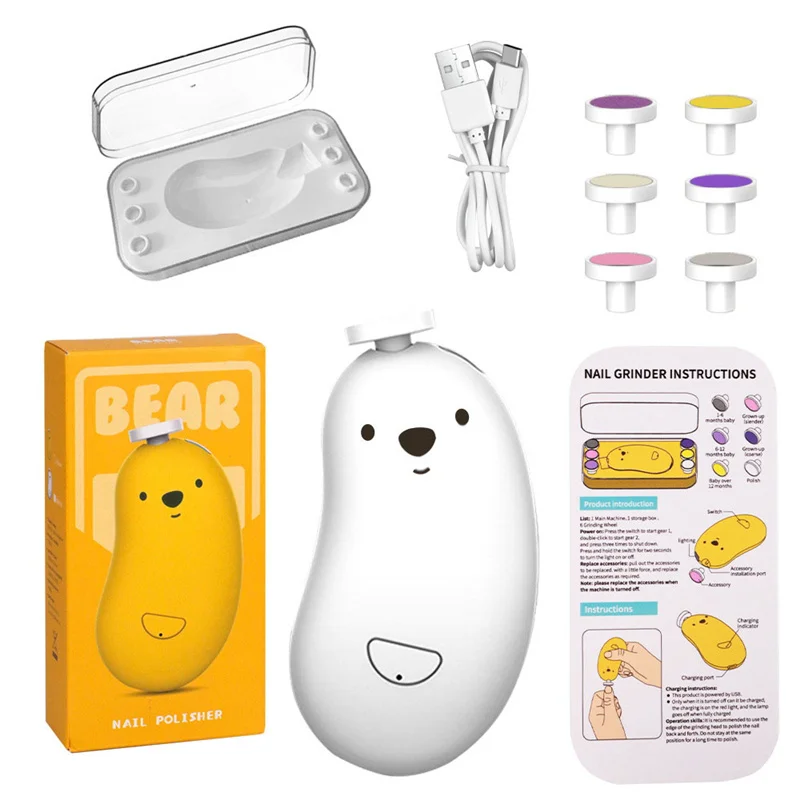 Baby Nail File Cute Bear Electric Baby Nail Trimmer With 6 Grinding Pads Adults Kids Toes Fingernails Polisher Baby Care Tools