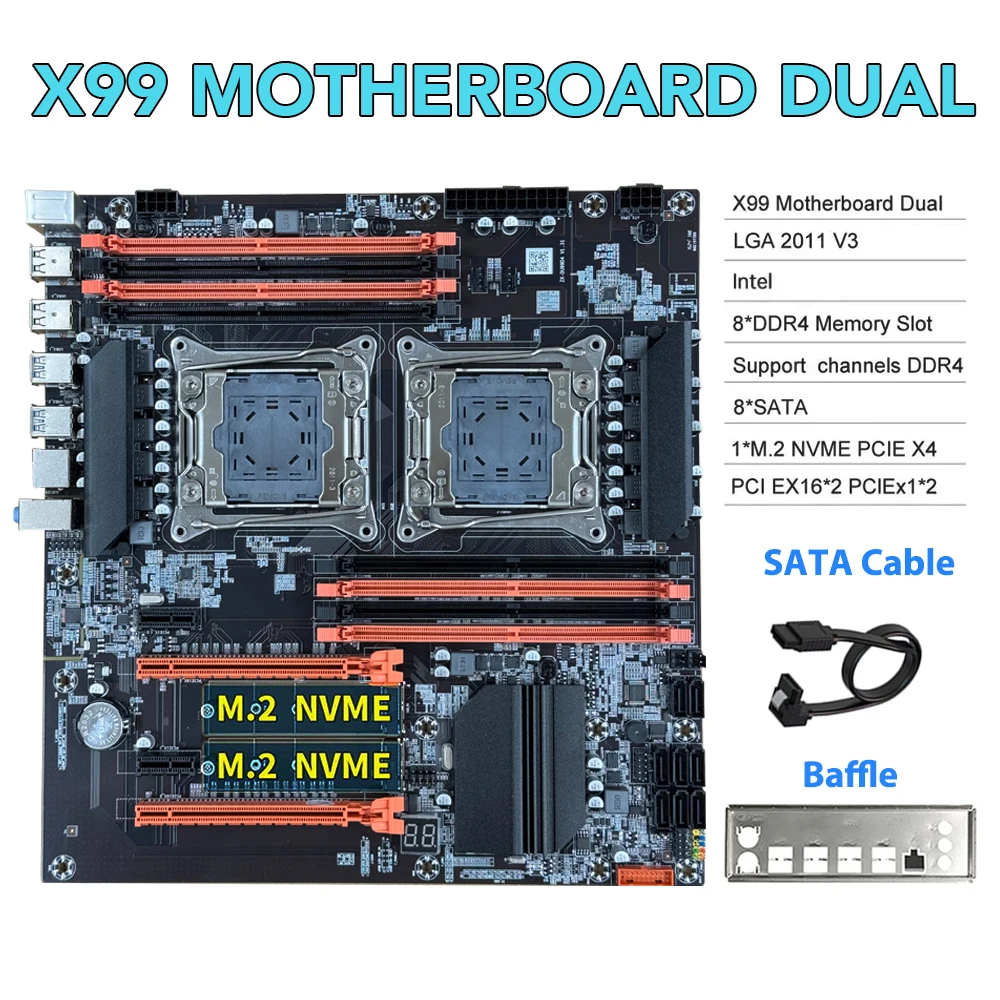 

Placa mãe X99 Dual CPU LGA 2011-3 Socket Desktop Mainboard X99 Chip Support USB3.0 SATA3 DDR4 M.2 NVME Intel Xeon Kit for AI