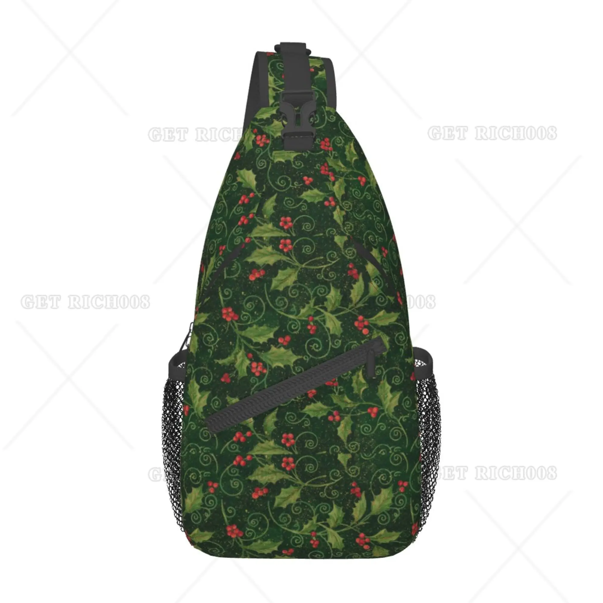 Kerst Groene Wijnstok En Rode Sling Tas Borst Tas Dagpack Crossbody Sling Rugzak Voor Reizen Sport Hardlopen Wandelen One Size