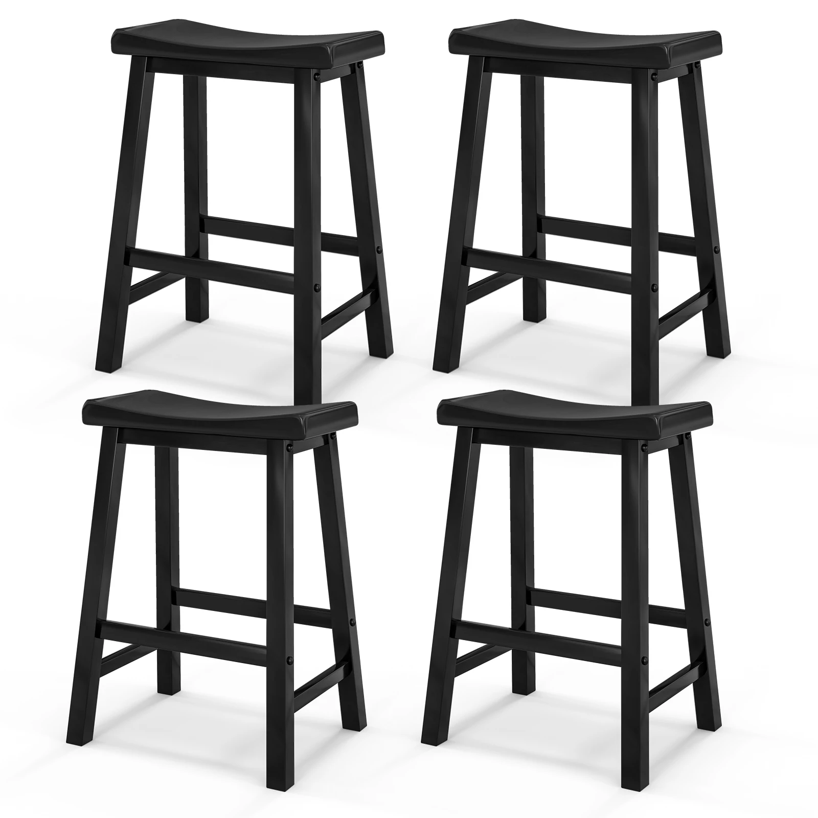 Set of 4 Saddle Bar Stools Counter Height Dining Chairs w/ Wooden Legs Black