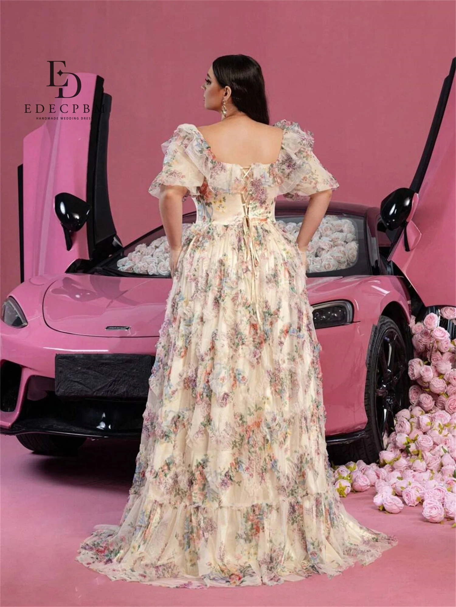 EDECPBM 프린팅 럭셔리 이브닝 드레스 2025 여성 맞춤 퍼프 소매 베스티도스 데 페스타 신상 드레스 فساتين سهرة 프롬