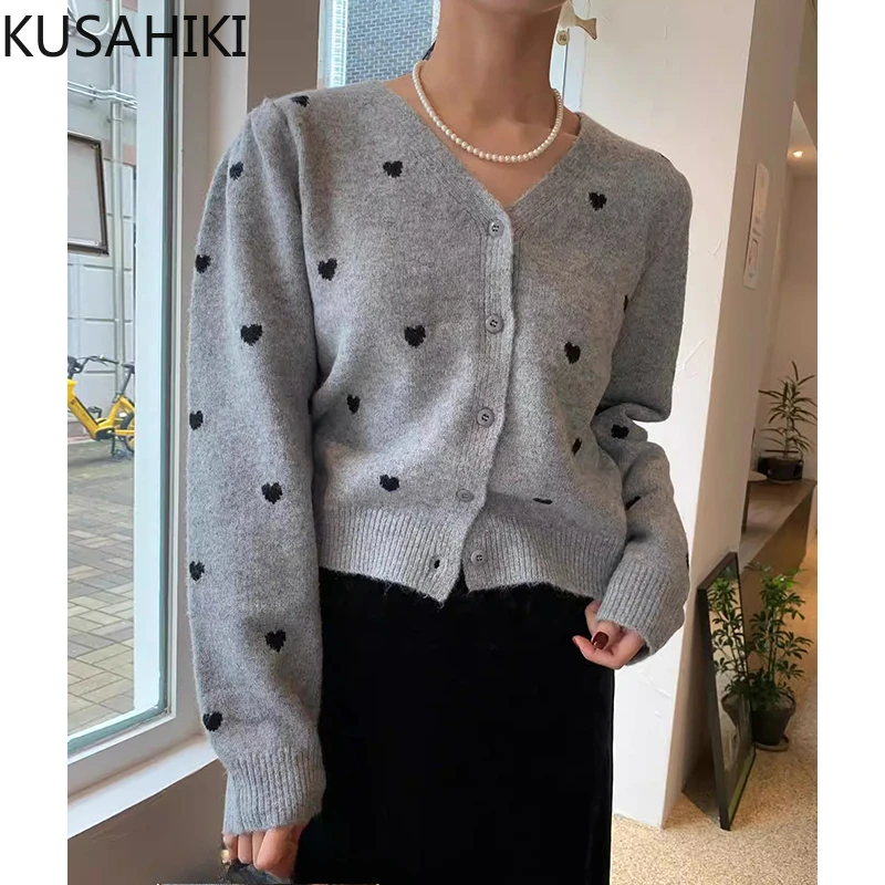 KUSAHIKI Korean Chic Autumn Elegant V-neck Single Breasted Heart-shaped Jacquard Knitted Cardigan Sweater Jacket for Women