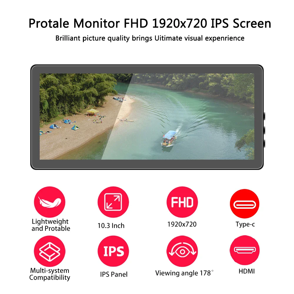 شاشة لمس صغيرة الحجم 10.3 بوصة، 400cd/m2، VESA، IPS شاشة بار 1920*720 HDMI USBC، مناسبة للكمبيوتر المحمول المحمول الذي يعمل باللمس