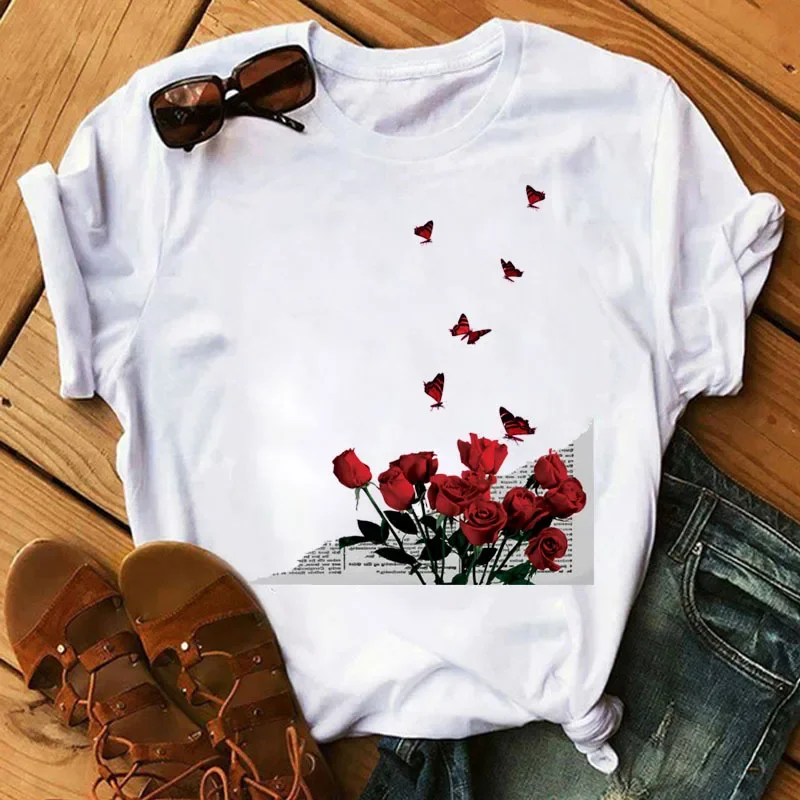 Plant Flowers White Fashion Casual Print Top T-shirt Woman Graphic T Shirts  Harajuku  Aesthetic  Tops  Summer polyester fabric