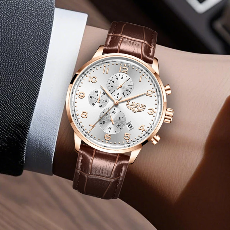 LIGE الرياضة الفاخرة الرجال ساعة كوارتز مقاوم للماء كرونوغراف تاريخ رجل ساعة اليد الأعمال جلدية ساعات رجالية ساعة Montre أوم