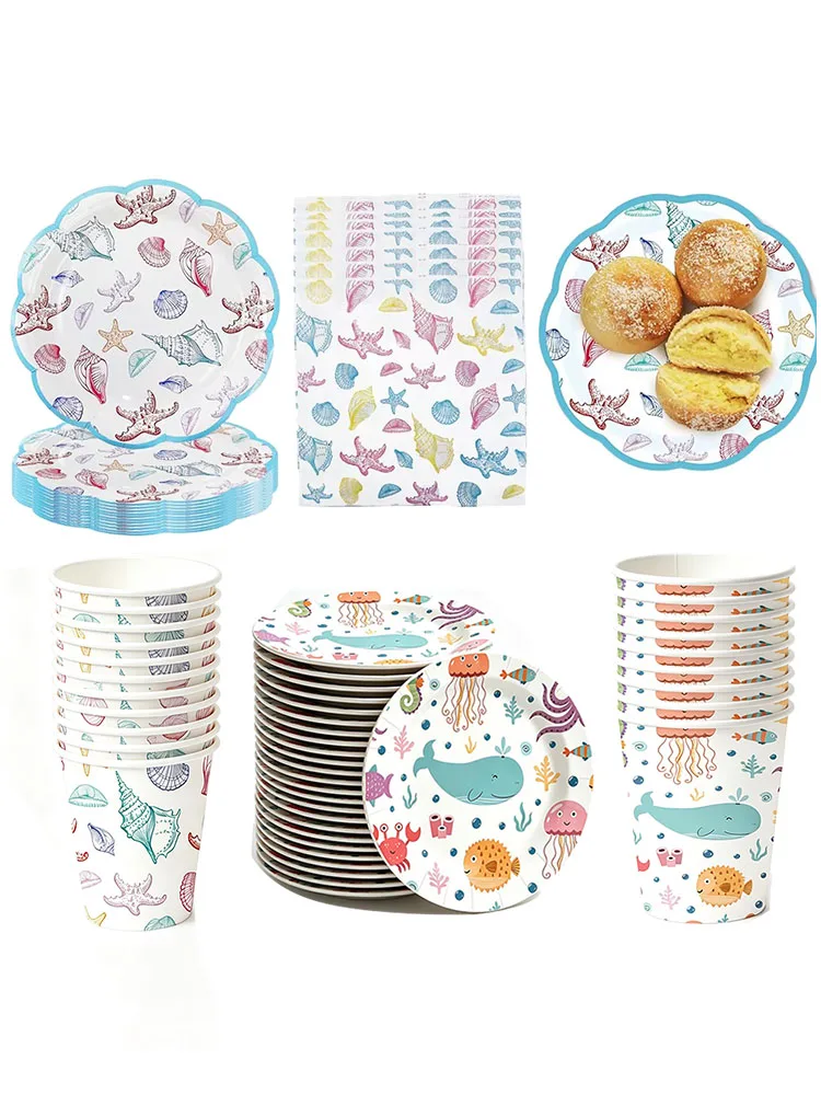 Ozean Muschel Party Supplies Sommer Strand Party Geschirr Teller Tassen Muschel Seestern Kuchen Dekorationen Kinder Geburtstag Party – Detail 1