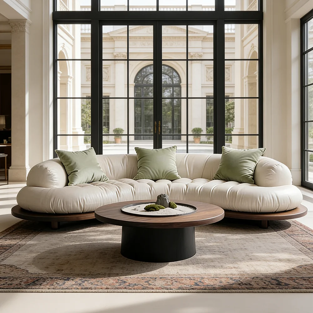 Modern Luxury Curved Sofa Cream White Boucle Fabric Couch Designer Kidney Shaped Settee Solid Wood Base Furniture for Villa