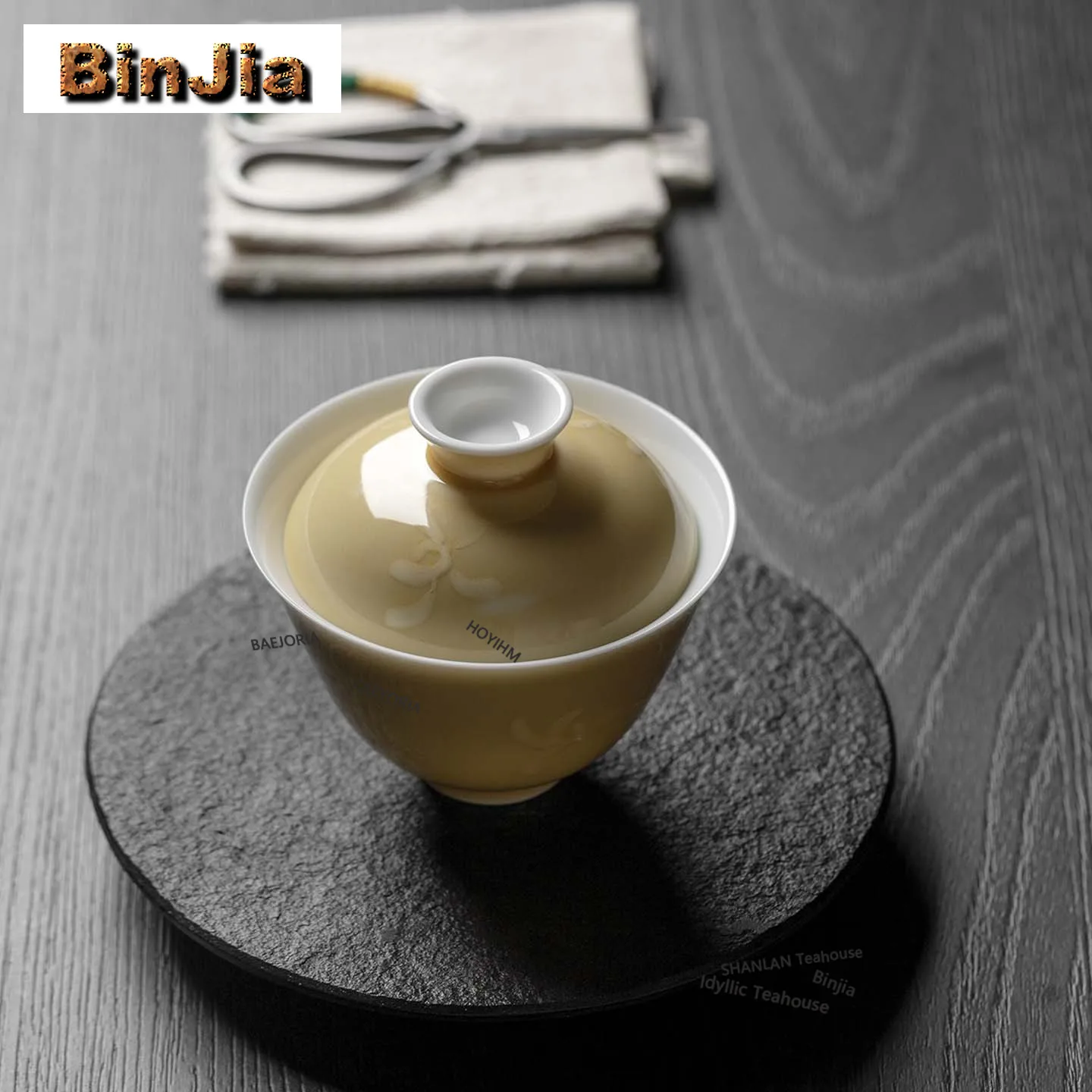 BAEJORIA 100ml Apricot-yellow Hand-piled Orchids Gaiwan Luxury Tea Tureen Tea Bowl With Lid Kit Tea Brewing Cover Bowl Tea Items