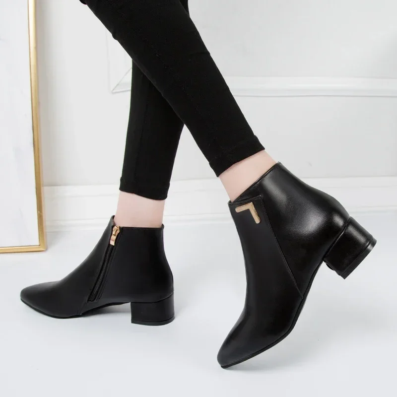 2026 New Style Fashion Women's Boots Casual Leather High Heels Spring Women's Shoes Pointed Toe Side Zipper Office High Heels 42 image 6
