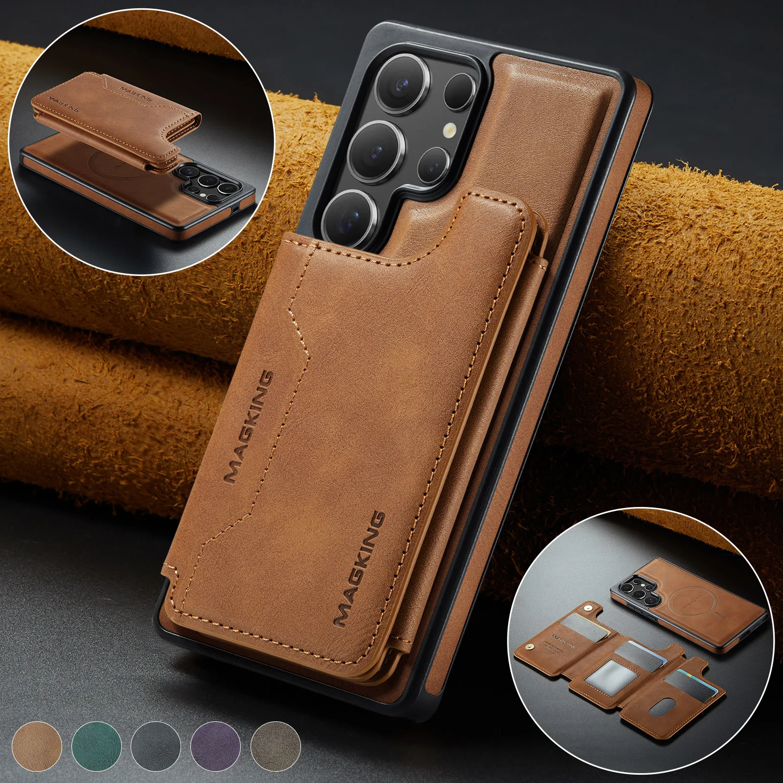 

MAGKING-K3 Fashion Magnetic Case Cover For Samsung Galaxy S23+ S24 S25 S26 Ultra ,2-in-1 Leather Wallet Case Card Slots Holder