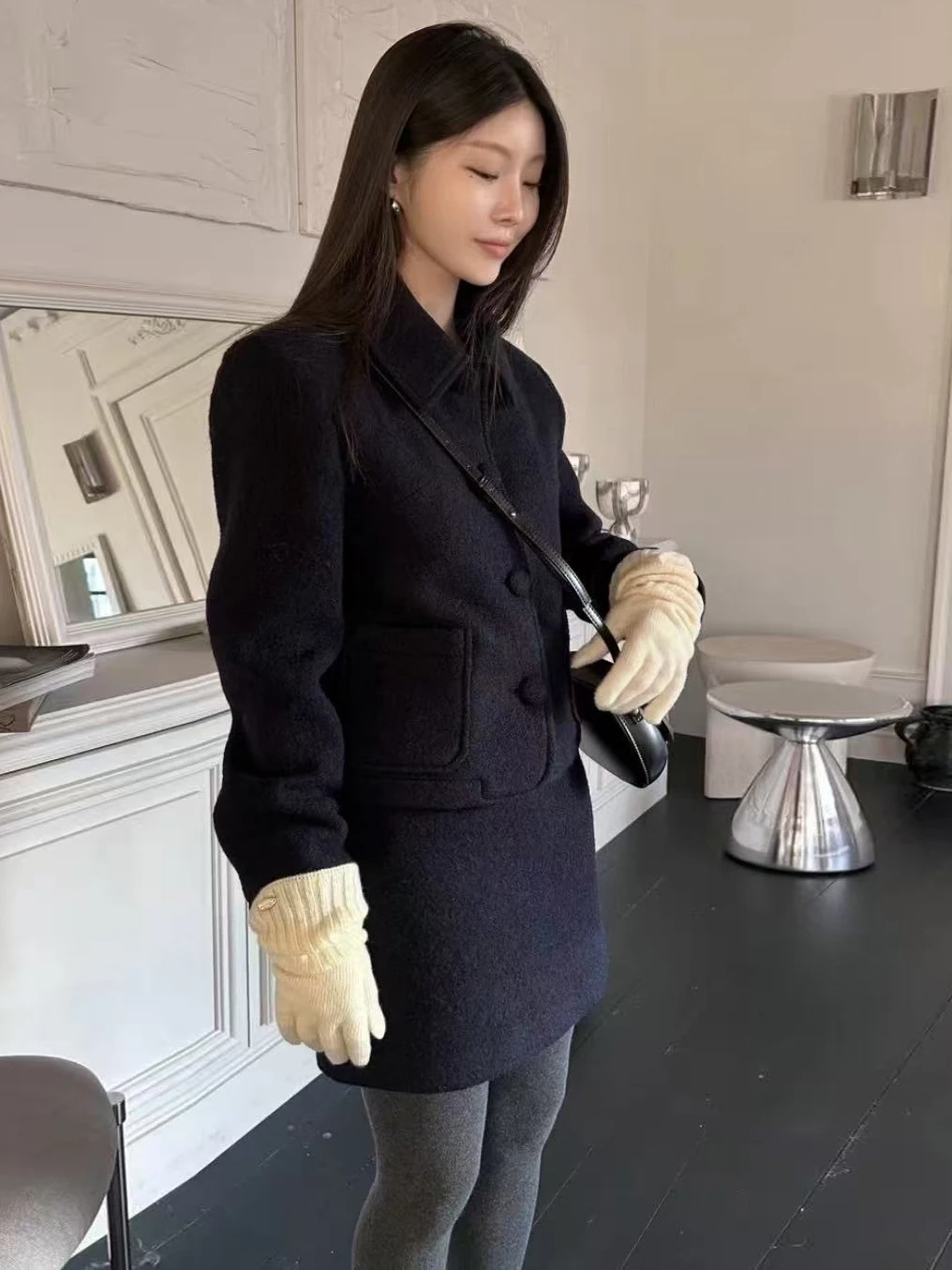 한국 슬레 오트 플란넬 재킷 싱글 버튼 시크 아웃핏 엘레 스커트 여성 패션 세트 겨울 성인 여성용