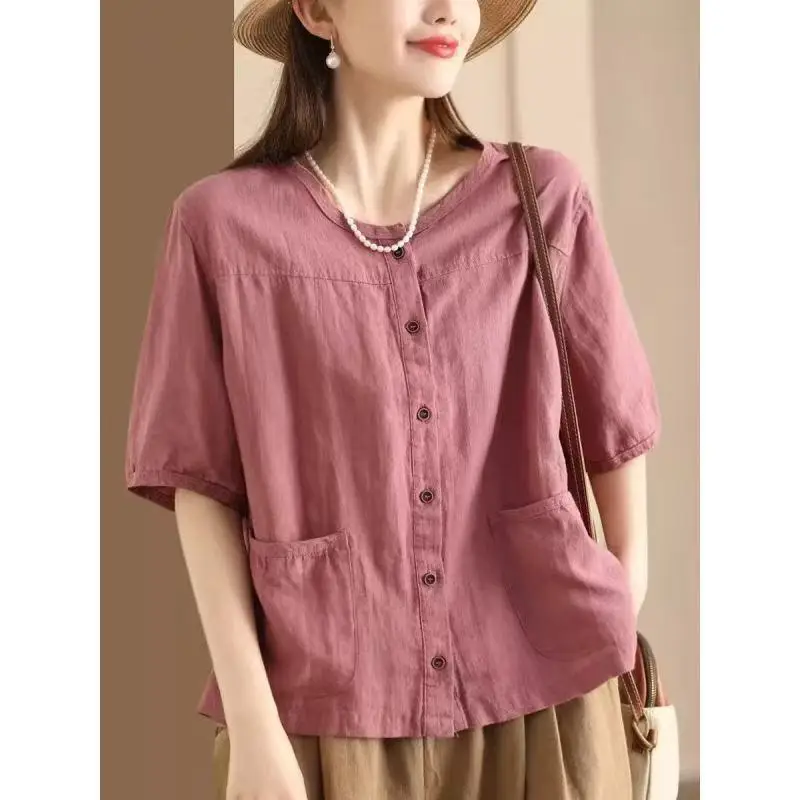 Camicia vintage in cotone e lino in cotone e lino Cardigan a maniche corte Top dimagrante versatile Capispalla elegante