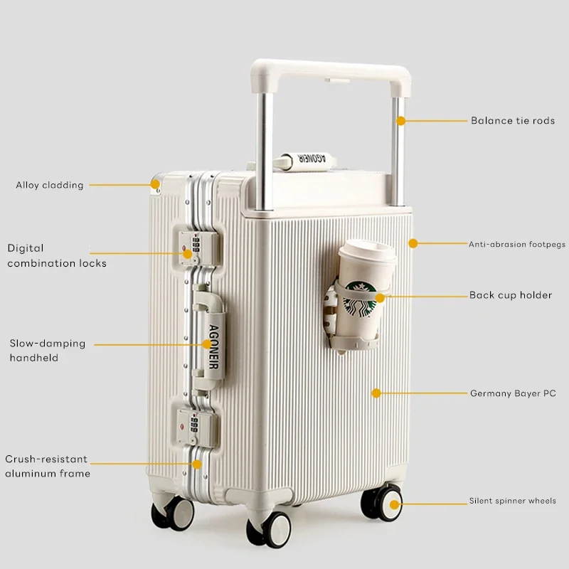 Aluminum Frame Luggage with Large Capacity Vintage Travel Suitcase with Wide and Leather Handle Mute Wheel Trolley Boarding Box