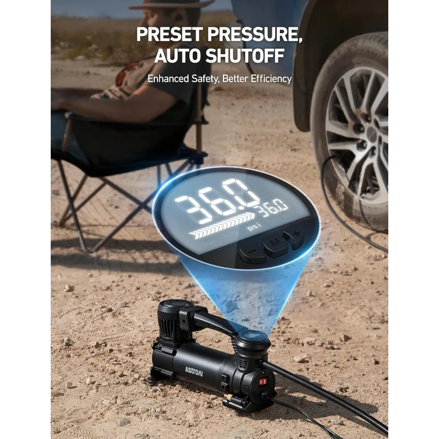 Mocny kompresor powietrza do pompowania opon ciężarówek z automatycznym wyłączaniem przy 1.97CFM i cyfrowym wyświetlaczem 12V 120PSI, zawiera zaciski krokodylkowe.