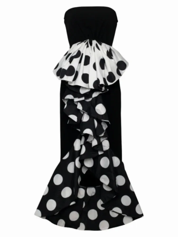 

Новое летнее модное платье макси без бретелек в горошек с рюшами и бантом для вечеринок и торжественных мероприятий 2026 года для женщин