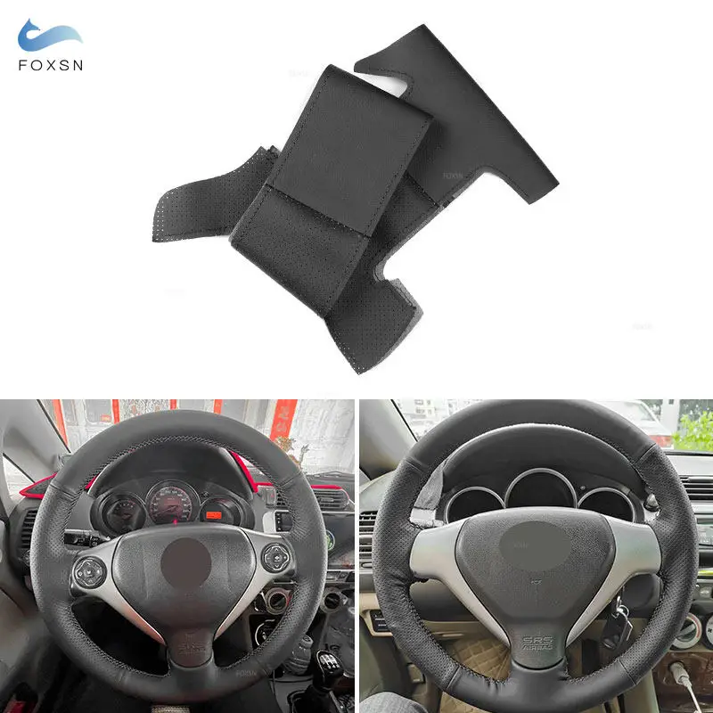 Car Interior Steering Wheel Cover Perforated Microfiber Leather with Needle Threads Decoration For Honda City Jazz Fit 2007 2008