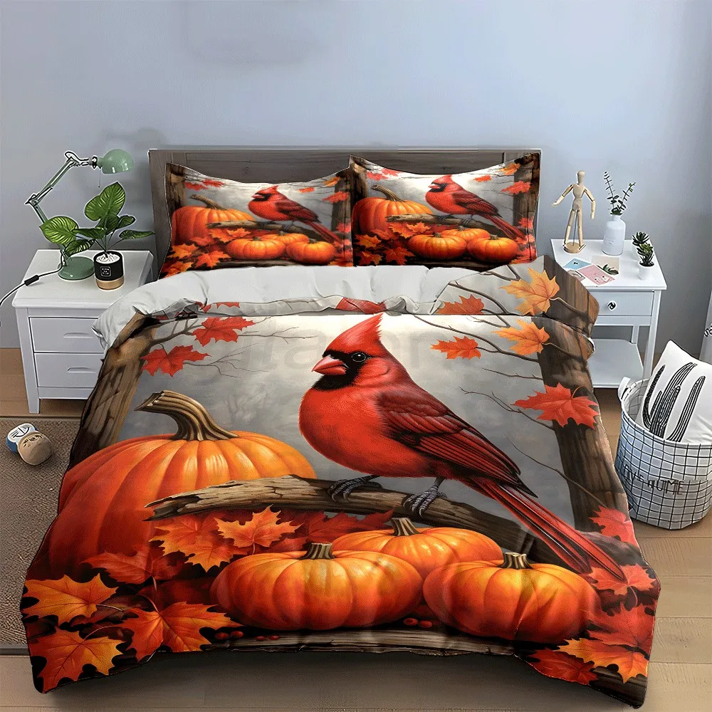 Autumn Bird and Pumpkin Decor Exquisite three-piece bedding set gift for kids and adults