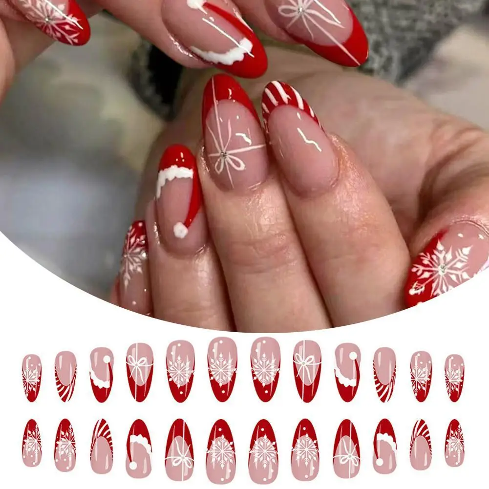 

24PCS Christmas Fake Nails Red Long/short Almond Fake Nails Suitable For Dating, Dinner