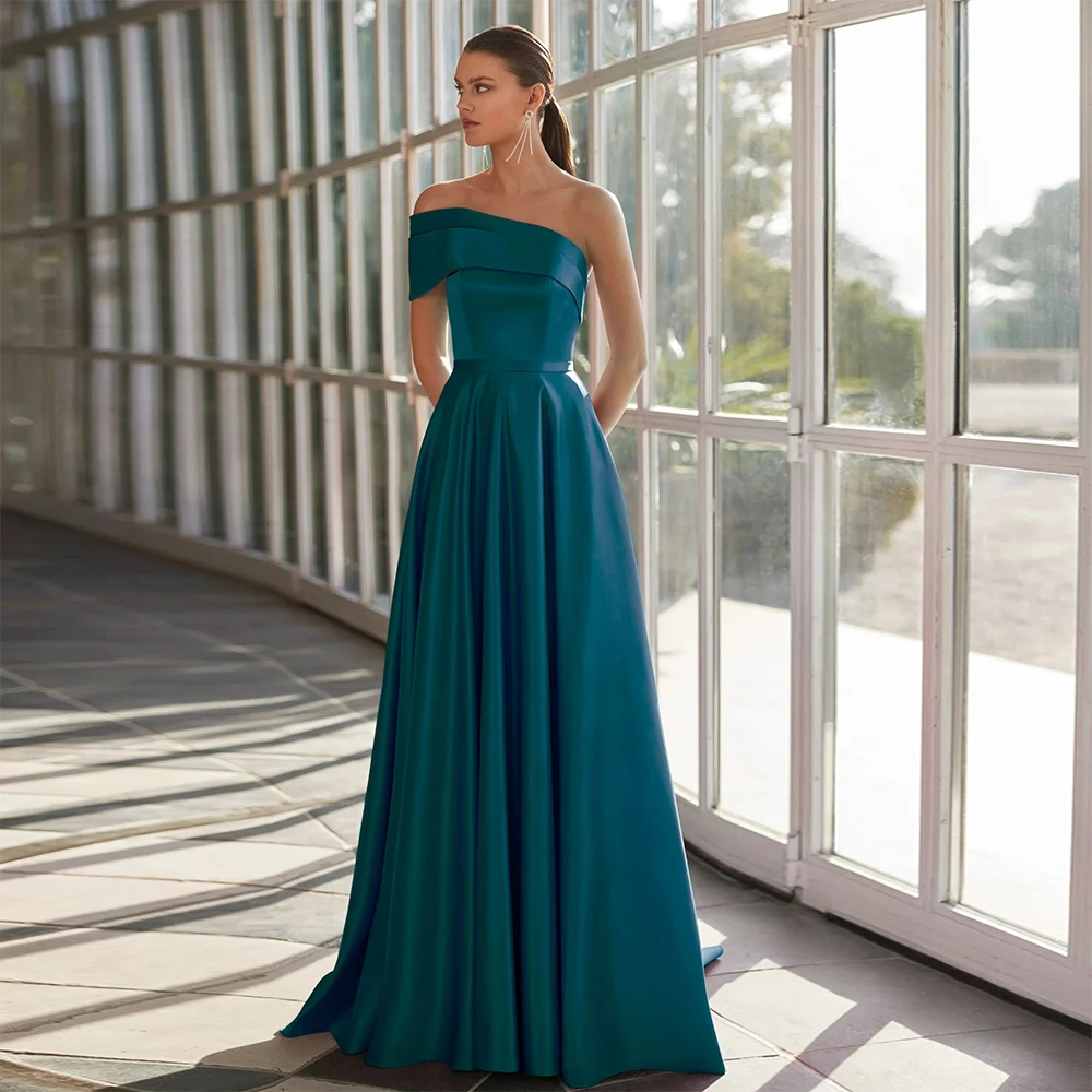 

Индивидуальные элегантные вечерние платья для женщин на свадьбу, с открытыми плечами, А-силуэт, из атласа, с длинным поясом, простое, для торжественных мероприятий