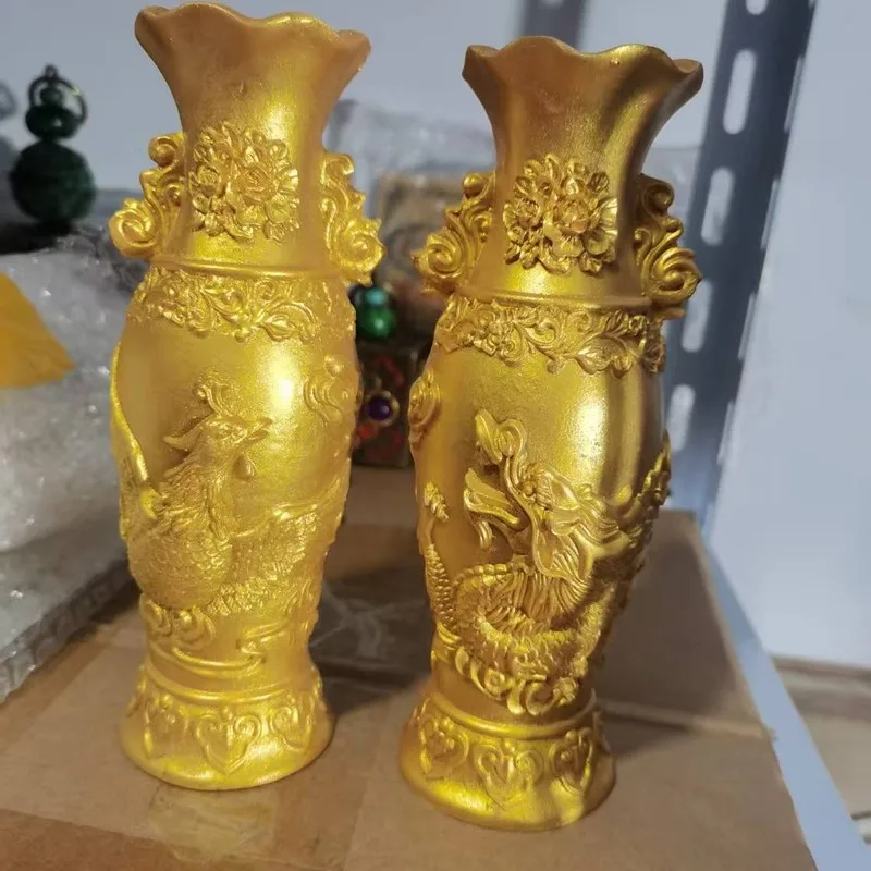 Golden , Home Living Room Decoration, Resin , Auspicious Dragon and Phoenix Vase, Decorative Craft
