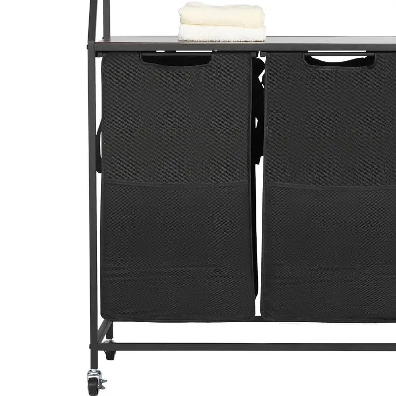 

Multi-Layer Washing Bin 28x13x67 Inches For Laundry Room Bathroom Bedroom Double Section Rolling Cart Storage Rack Wooden Top Ladder Shelves Oxford Cloth Bags