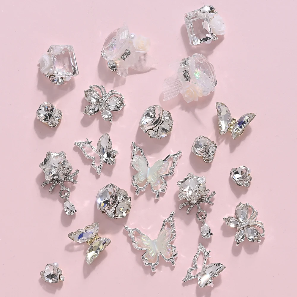 3D helder kristal vlinder steentjes nail art charmes 20 stuks gemengde metalen vlinders bloem bungelen diamant nagel edelstenen nagel ambachten
