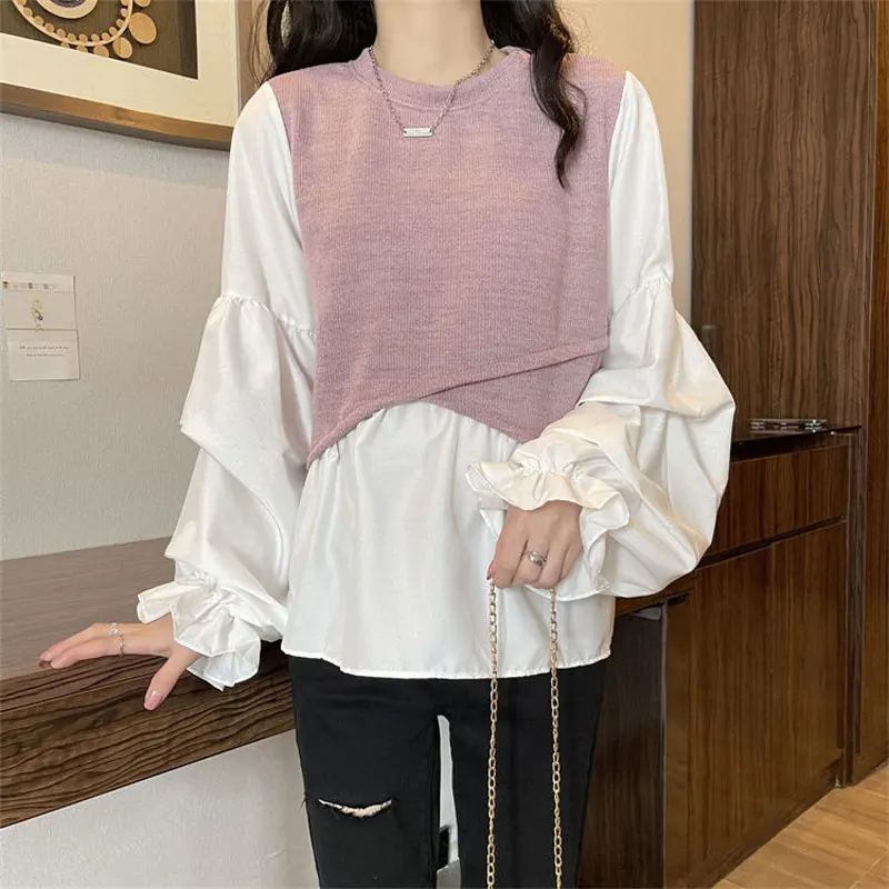 Korean Fake Two Pieces Blouse Spring Autumn Fashion Irregular Knitted Spliced Commute Female Clothing Casual Folds Loose Shirt