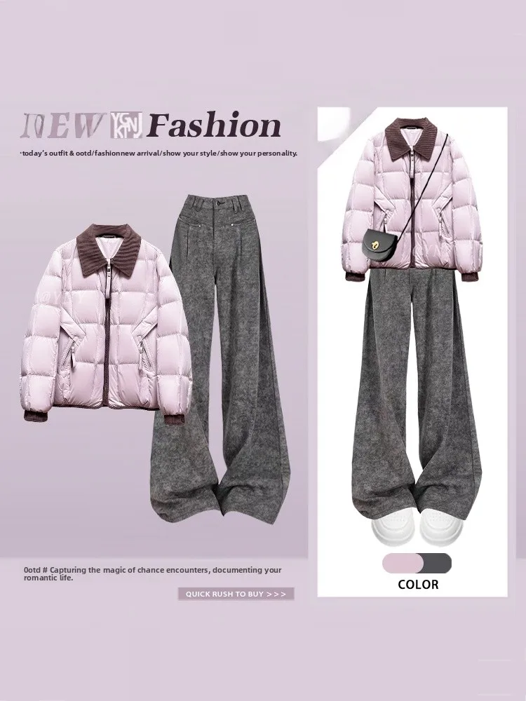 Ensemble Jaet et pantalon ample en coton chaud pour femmes, en violet, ort Sle, tenue décontractée, pantalon taille haute, automne hiver