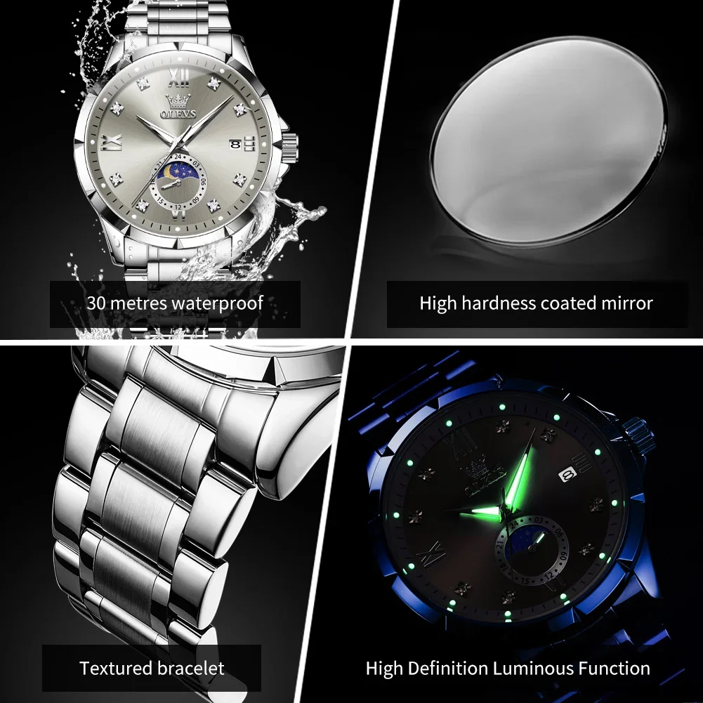 OLEVS 2956 ساعة كوارتز رجالية فاخرة ماركة موضة أصلية كبيرة الطلب تاريخ تلقائي مقاوم للماء مرحلة القمر ساعات للرجل #5