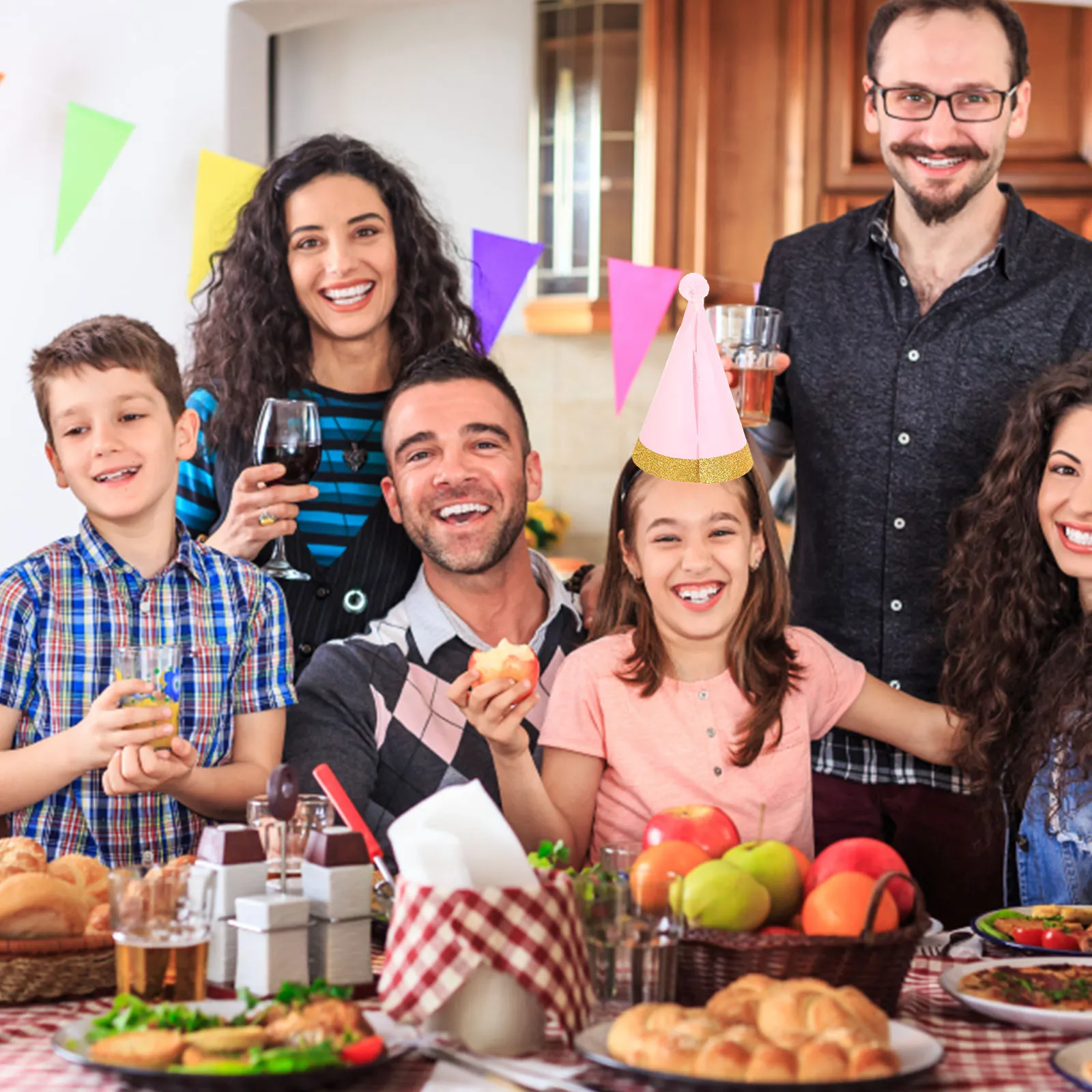 

12Pcs Kids Birthday Hats Cone Party Caps Pompom Design Pink Red Yellow Blue Great for Photo Props Party Decorations