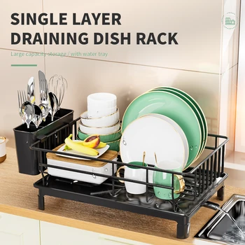 Dish Automatic Drying rack tableware storage countertop space-saving Black White