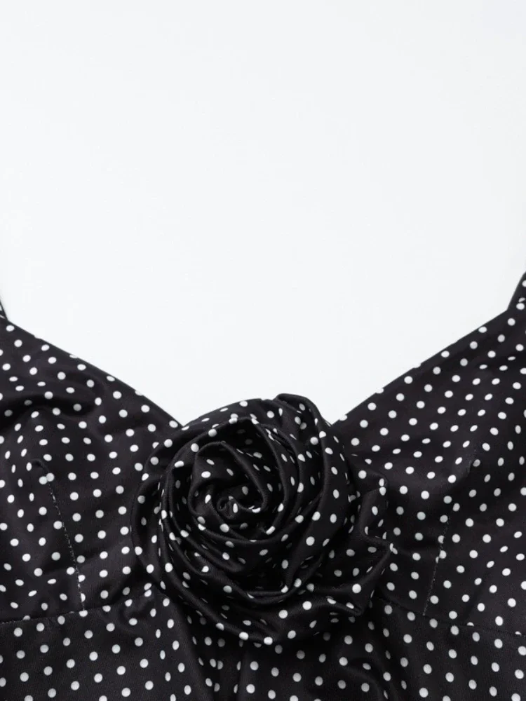 Woman Clothes V-neck Sleeveless Polka Dot Long Dress 2025 Elegant Spaghetti Strap Flower Backless Slim Black Party Club Dresses