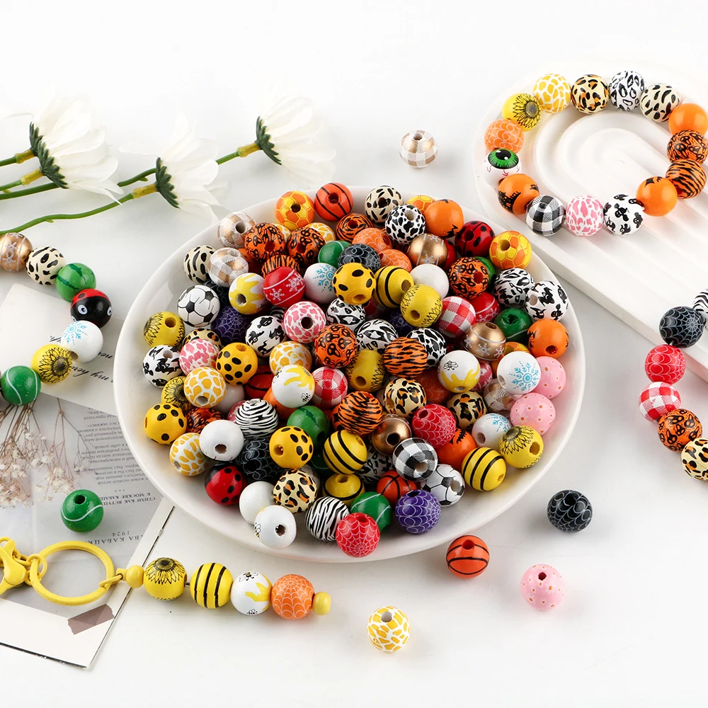 20/30 stücke Holz cartoon Halloween/Weihnachten/leopard Print Perlen Für Schmuck Machen DIY Armband Schlüsselbund Stift Zubehör