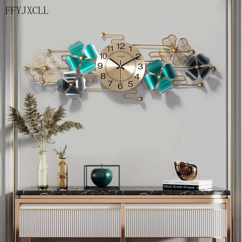 Modern Style Fashion Clover of Four Leaves Pocket Watch Living Room Atmosphere Household Watch Iron Hanging Clock Metal decor