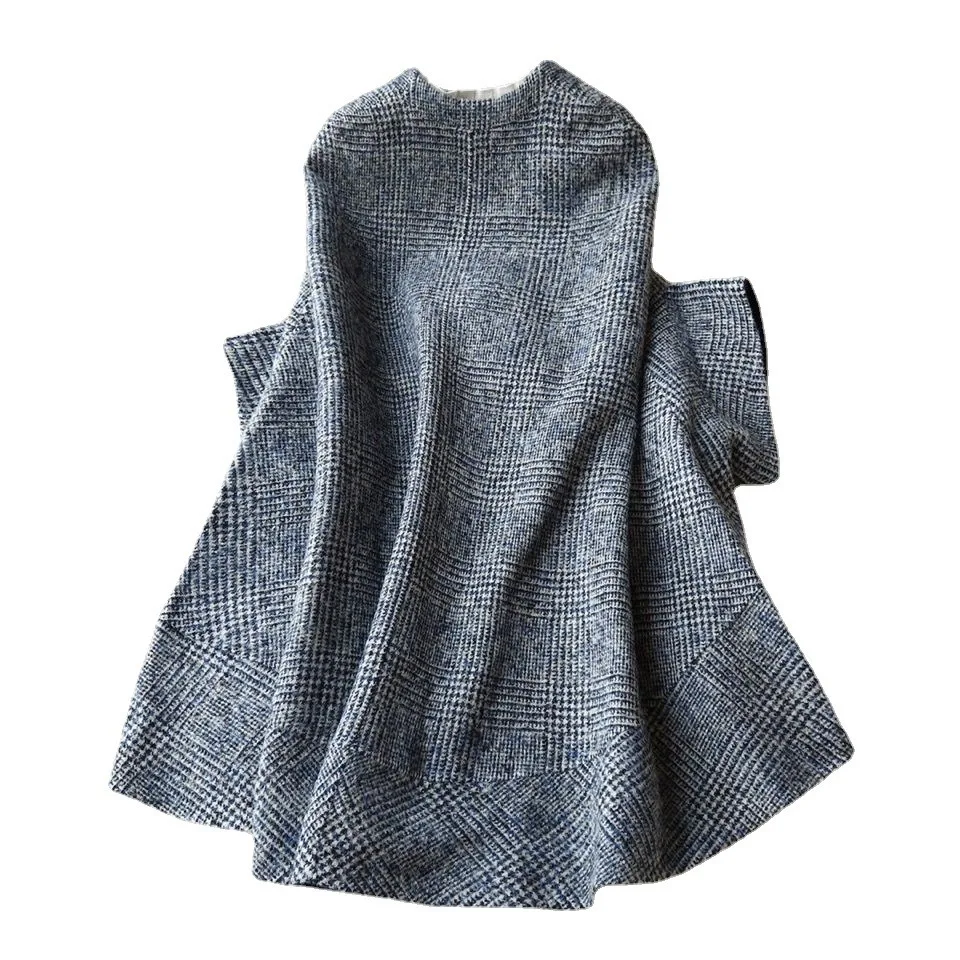 Manteau en laine à carreaux Everak pour femme, veste mi-longue, poncho à boutons, col rond, manches 3/4, élégant, mode automne et hiver