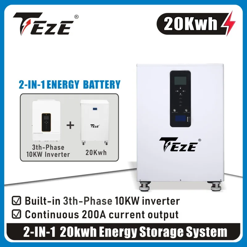 TEZE Three-Phase AC380V 15/20/30KWH Powerwall LifePo4 Battery Solar Energy Storage System 51V 2-IN-1 Built-in 10/12KW Inverter