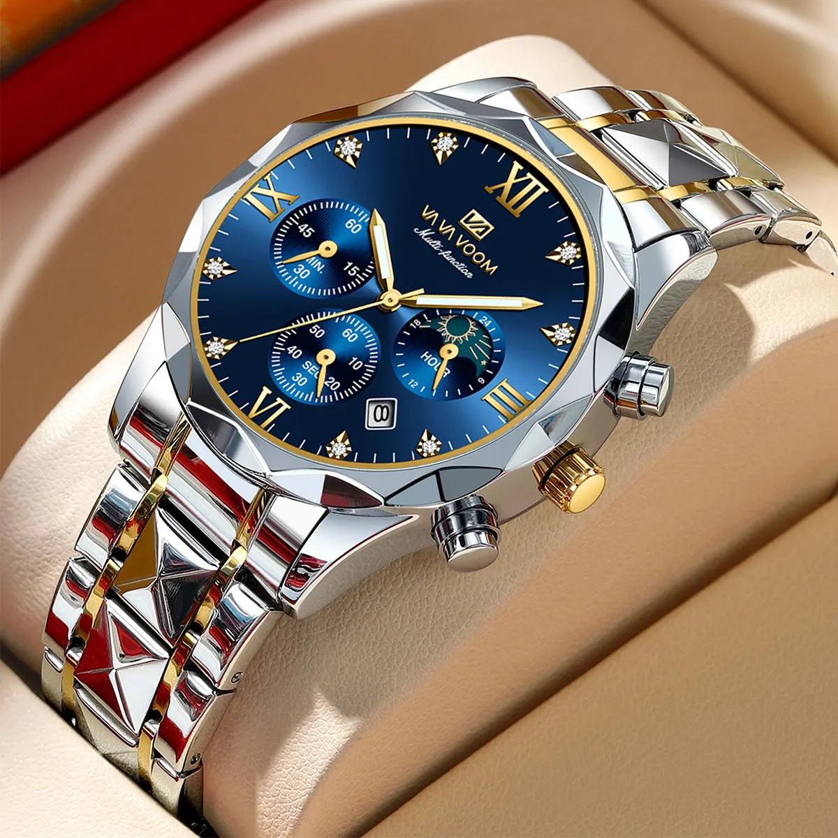 

Stainless Steel Mens Watch Multifunctional Sub Dial Luxury Rhinestone Blue Gold Dial Fashionable Business Style Quartz Men Watch