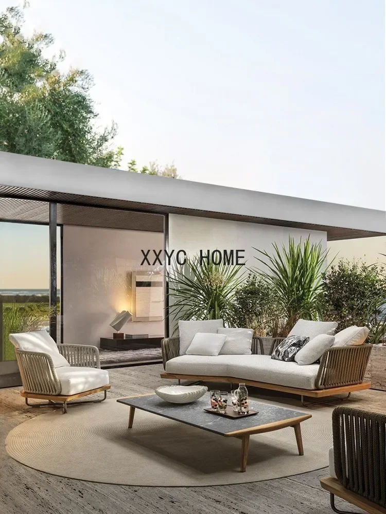 

Outdoor sofa, sun protection, waterproof rattan chairs, Nordic rope woven teak wood, solid wood garden,tea table furniture