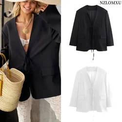 Casual Oversized Black Blazer Women V Neck Bow Tie Pockets Loose Jackets Fashion 2024 Streetwear Women Outwears