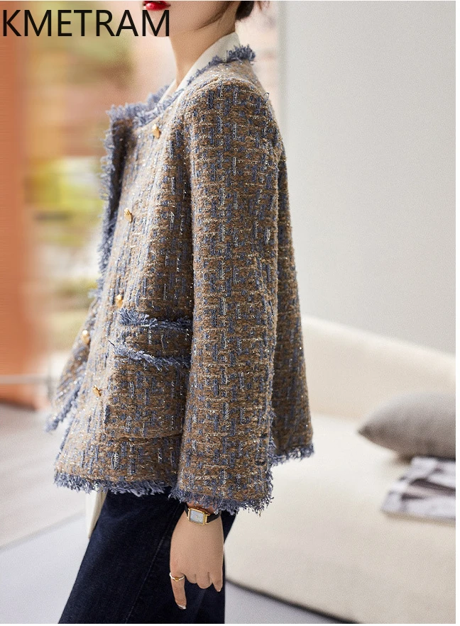 KMETRAM Natural Wool Tweed Jackets O-Neck Short Coat High Quality New in Outerwear 2024 Fall Clothes Women Chaquetas Para Mujer